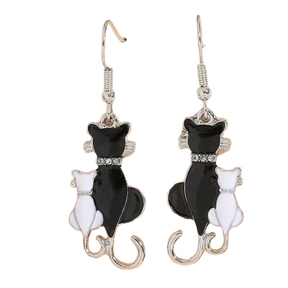 Black and White Enamel and Diamond Cat Earrings